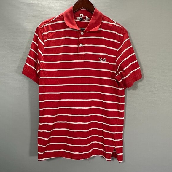 Vintage Retro Fox Polo Shirt Mens Large Red White Cotton Stripe Short Sleeve - Picture 1 of 7
